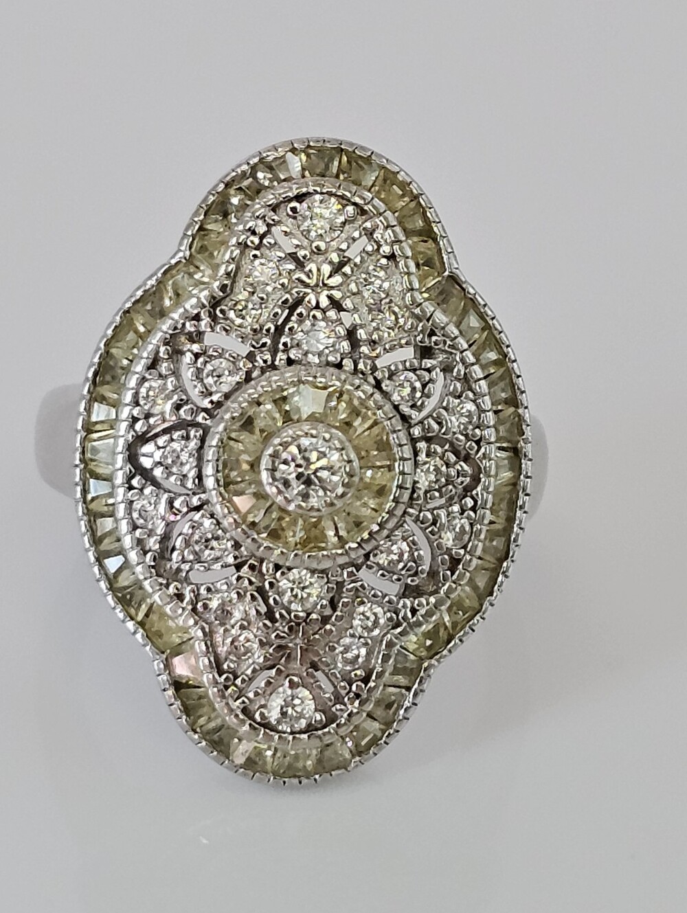 Stunning Art Deco Ornate Diamond Simulant Ring Sterling Silver Rhodium Size 5!